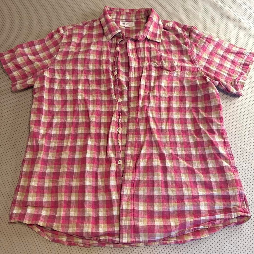 Men's Gap Pink & Off White Short Sleeve Linen Blend Plaid Button Up‎ Large